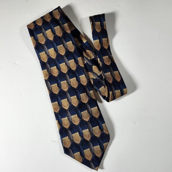 Bill Blass Necktie Men's Tie Silk Blue Gold and Grey Geometric Pattern - Picture 3 of 7